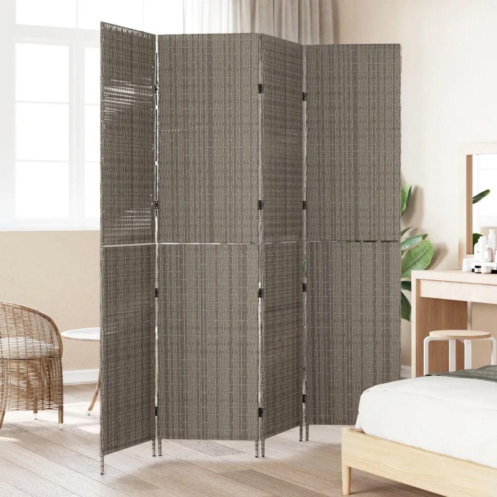 4 Paneles Összecsukható Szobaelválasztó Szürke 195x180 cm Poli Rattan