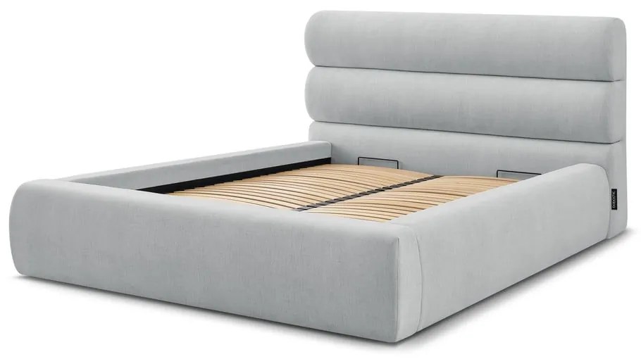 Világosszürke kárpitozott franciaágy tárolóhellyel, ágyráccsal 180x200 cm Jagna – Bobochic Paris