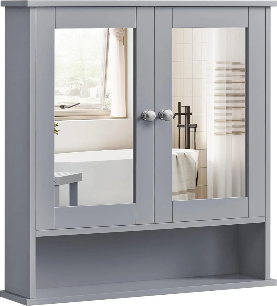 Fali fürdőszekrény tükörrel, 2 ajtós rekesszel, állítható polccal, szürke