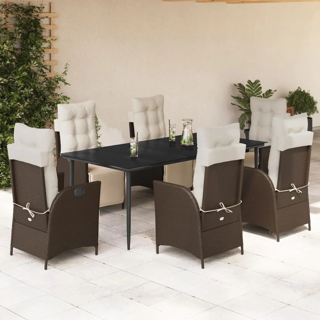 7 részes barna polyrattan kerti étkezőgarnitúra párnával