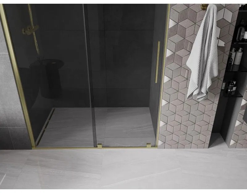 Mexen Velar, tolózuhanyajtó nyitáshoz 130 cm, 8mm szürke üveg, arany matt, 871-130-000-41-55