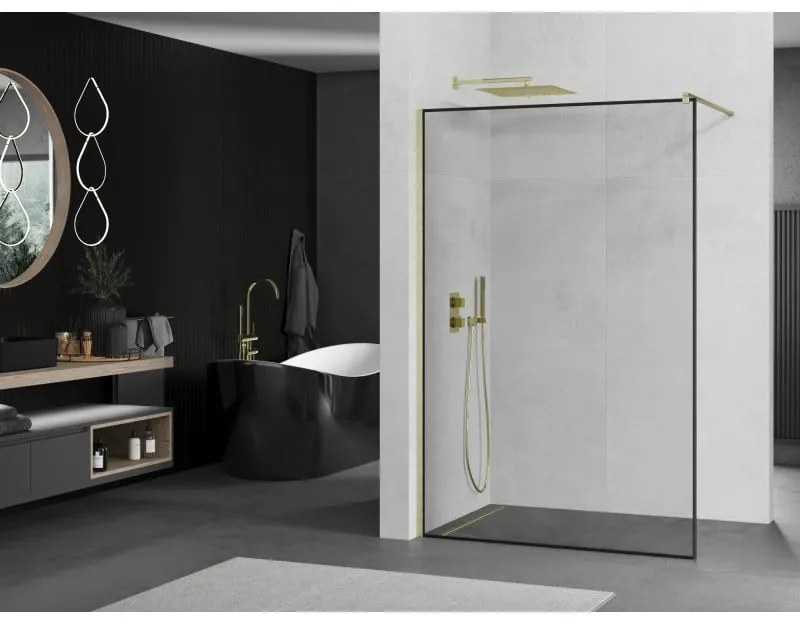 Mexen Kioto, Walk-In zuhany paraván 70 x 200 cm, 8 mm átlátszó üveg fekete mintás, arany matt profil, 800-070-101-55-70