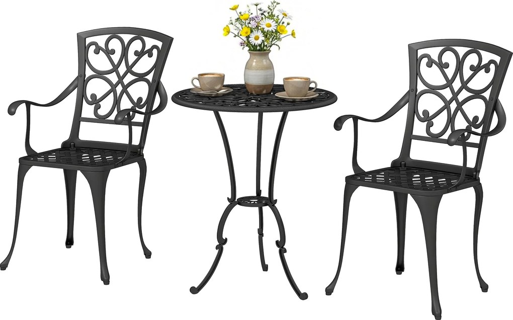 Outsunny 3 részes kerek bistrószett 2 székkel — öntött alumínium teraszasztal napernyőnyílással, antik fekete | Aosom