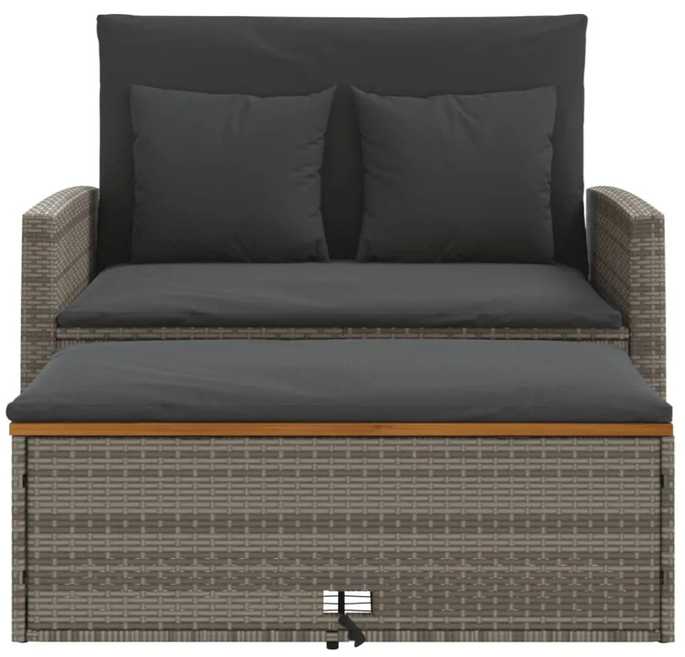2 személyes szürke polyrattan/akácfa kerti kanapé párnával