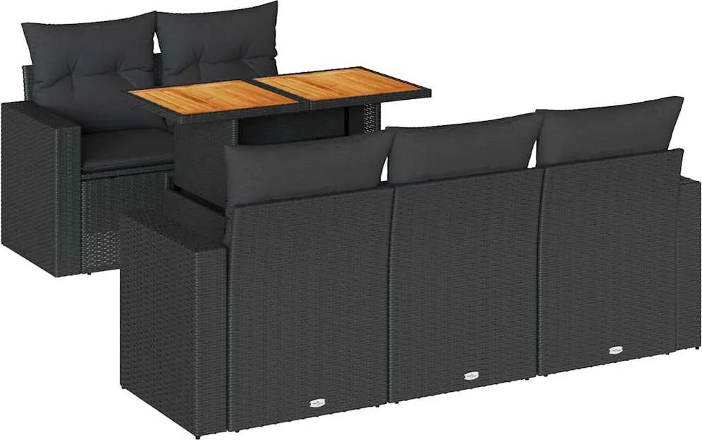 vidaXL 6 részes fekete polyrattan kerti ülőgarnitúra párnákkal