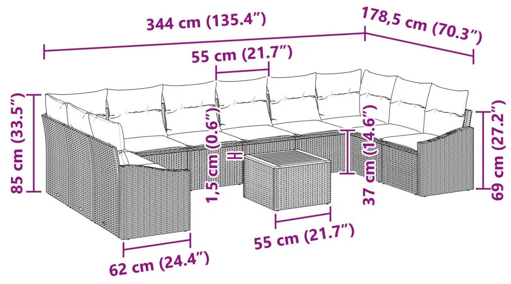 11 Részes Kert Sofa Szett párnákkal Szürke Poli Rattan Akác