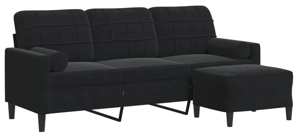 3 személyes fekete bársonykanapé lábtartóval 180 cm