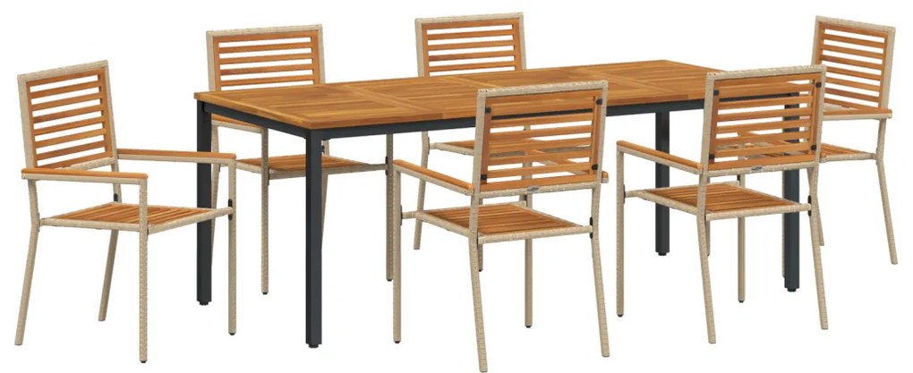 7 Részes Kerti Étkezősor Bézs Poli Rattan Akáciából, Egymásra Rakható Kerti Székek Párnákkal - 2-es Készlet Bézs Poli Rattan, Kerti Asztal 200x90x75 cm Szilárd Akácfa és Fém