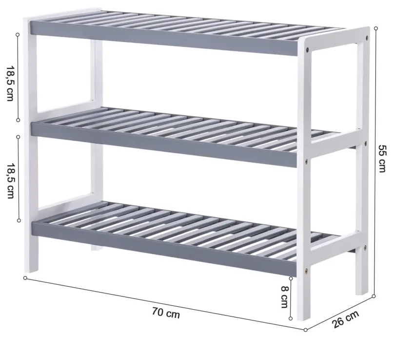 Cipőtároló polc 3 szintes, fehér és szürke 70x26x55cm