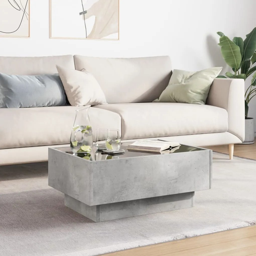 Betonszürke szerelt fa dohányzóasztal LED-del 70 x 50 x 30 cm