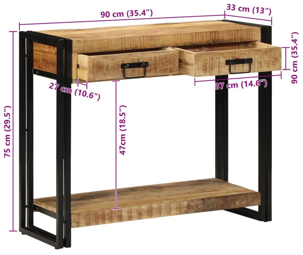Konzolasztal 90x33x75 cm Tömör durva mangófából