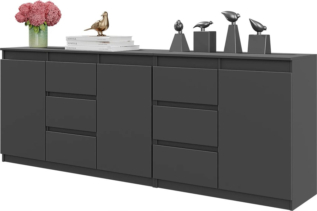 Komód Mikel Antracit 200 CM 6 Fiók 3 Ajtó 3 Polc Nappali Szett