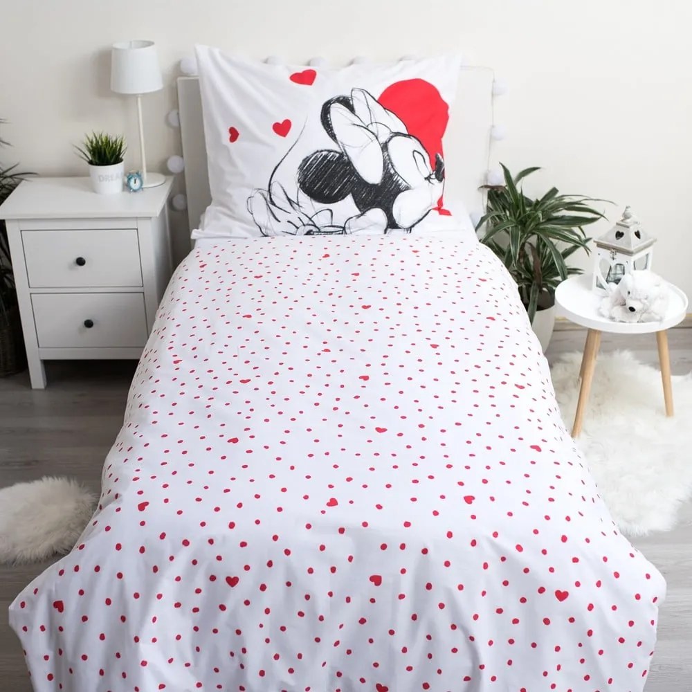 Piros-fehér egyszemélyes pamut gyerek ágyneműhuzat 140x200 cm Mickey and Minnie "Love" – Jerry Fabrics