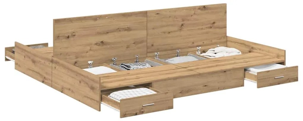 Ágykeret tárolóval fiókkal kézműves tölgy 200 x 200 cm Faanyag