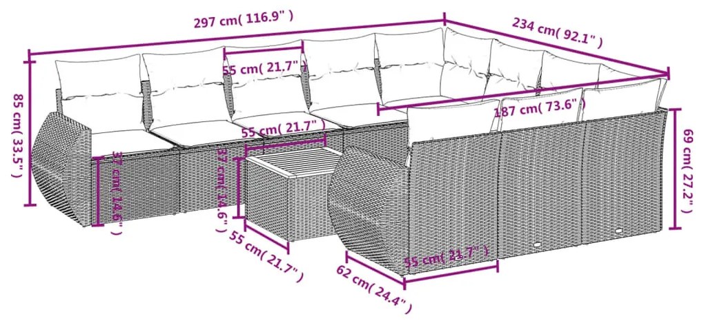 11 részes bézs polyrattan kerti ülőgarnitúra párnákkal