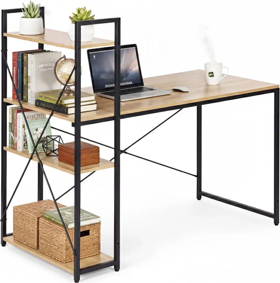 Polcos íróasztal / számítógépasztal 120×64 cm, masszív fém vázzal, fekete–aranytölgy – Intenso Home