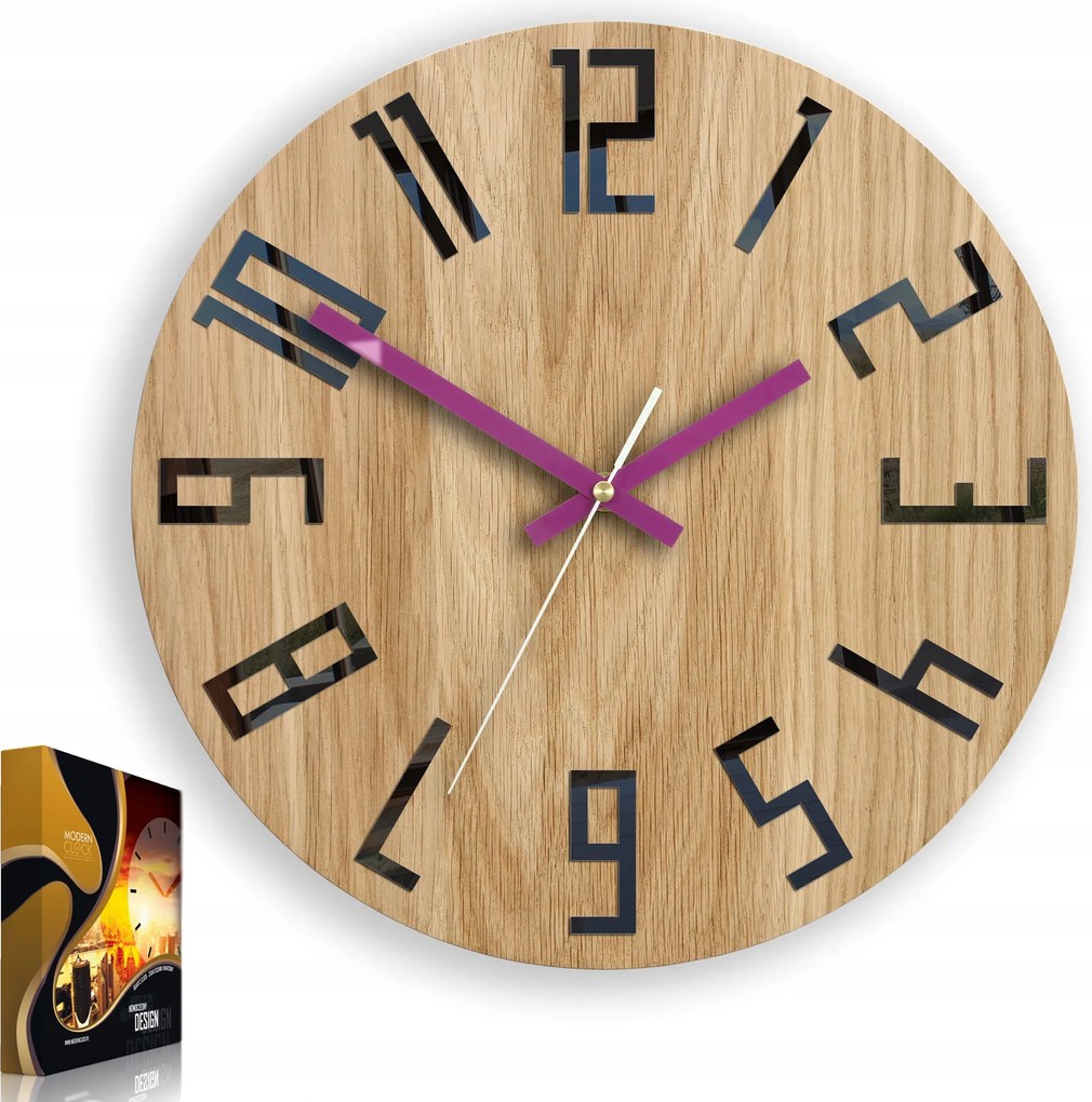 Falióra Tölgy Slim Fekete &amp; Lila csendes óra, 33cm, nappaliba,