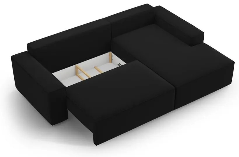 Fekete bársony kinyitható-tárolóhelyes sarokkanapé (jobb oldali-heverő résszel) Jodie – Micadoni