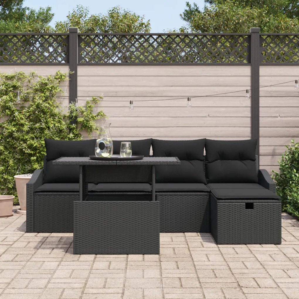 6 részes kerti kanapészett párnákkal - Fekete poly rattan