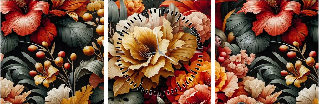 Kép - Narancs-vörös virágok (órával) (90x30 cm)
