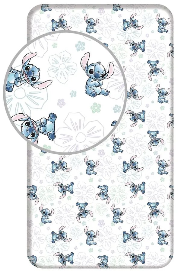 Fehér gumis egyszemélyes pamut gyerek lepedő 90x200 cm Lilo and Stitch "Ohana White" – Jerry Fabrics