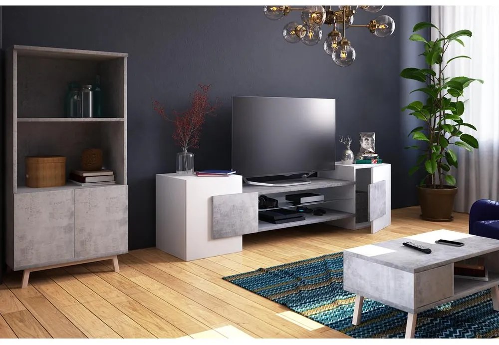 Tv szekrény/asztal Gavin (világítással) (fehér + beton). 1098611