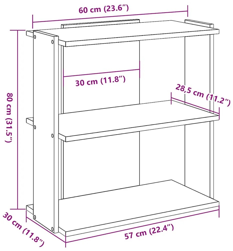 3 szintes fekete szerelt fa könyvespolc 60x30x80 cm