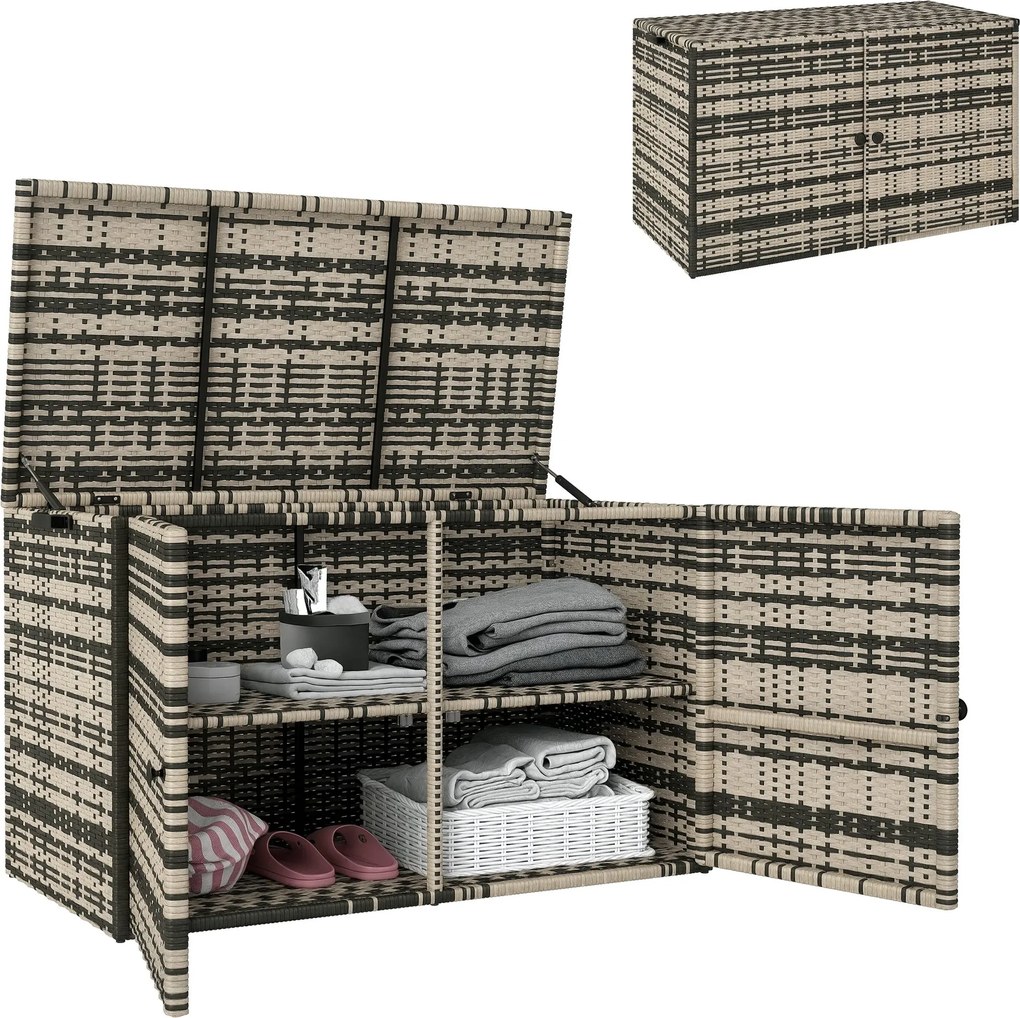 Outsunny Rattan párnás tárolódoboz 350L 2-szintes időjárásálló tárolódoboz nyitós rúdakkal, hordozó fogantyúkkal, UV-álló kertiboksz tároló láda kerth
