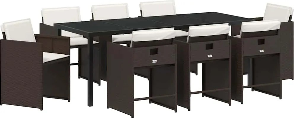 vidaXL Kert étkező szett párnával 9 pcs Barna polirattan