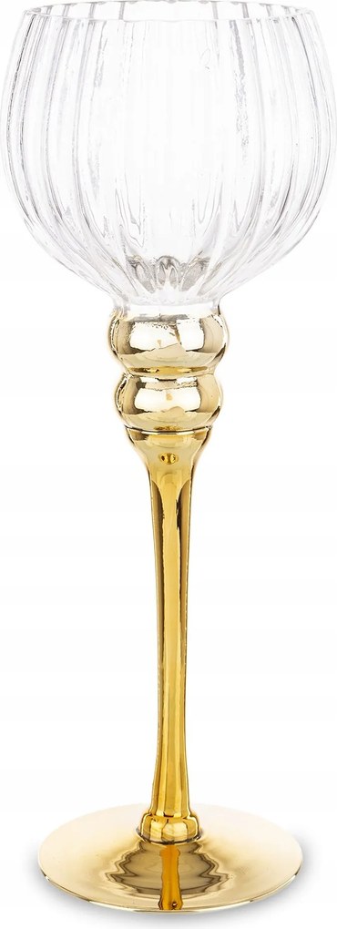 Arany színű fém gyertyatartó, nappali dekoráció, otthon glamour kehely