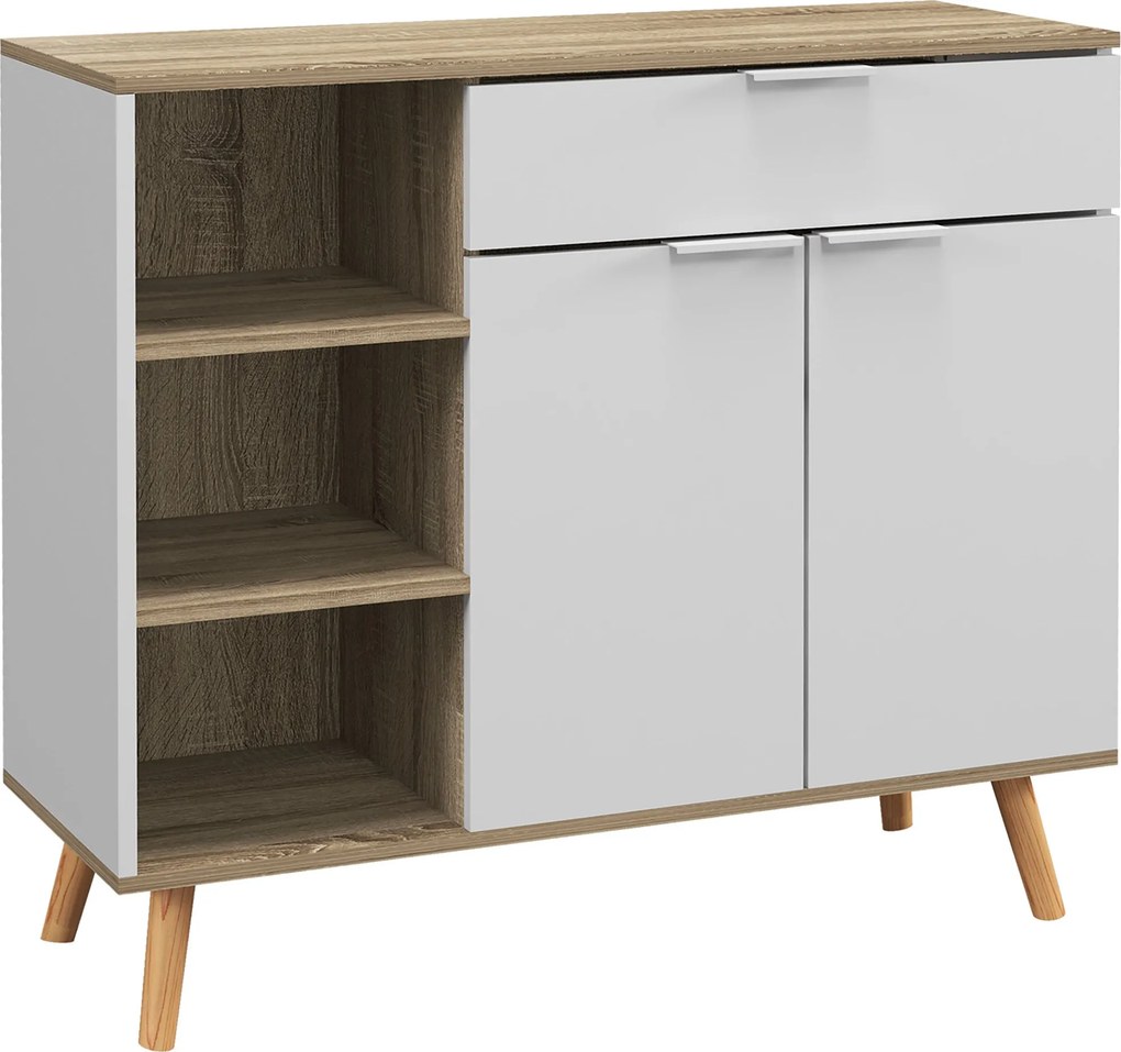 HOMCOM Modern Nappali Oldaltároló Konyhai Komód 1 Fiókkal, 2 Puha Záródású Ajtóval és Állítható Polcokkal 95x35x85 cm Fehér és Natúr | Aosom