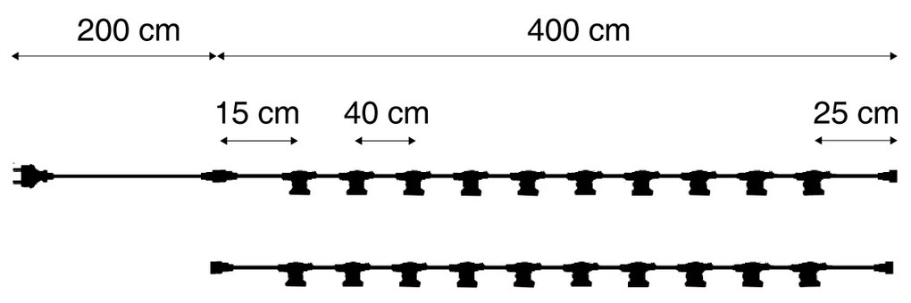 Összekapcsolható fekete fényfüzér dugóval 10m 20 izzóval IP44 - Lubber