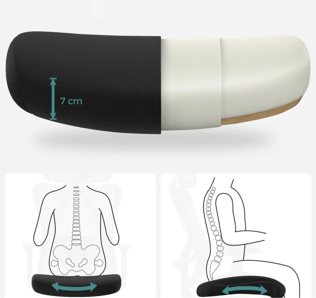 Irodai ergonomikus szék, állítható deréktámasszal és fejtámlával, fekete