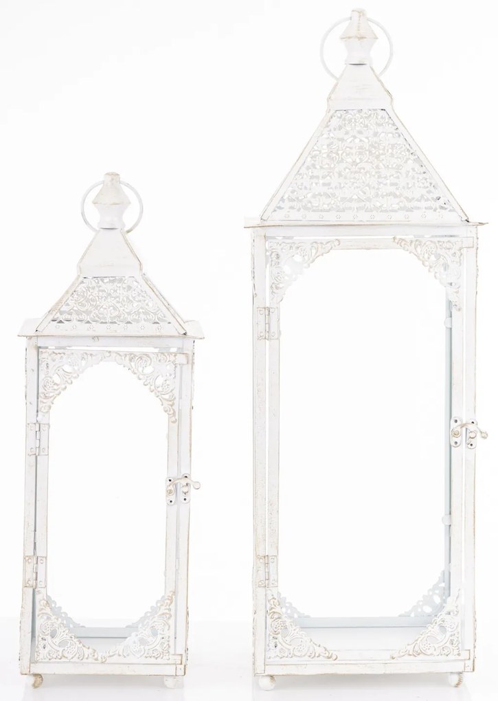 Vintage fehér szögletes 2db-os fém lámpás lantern szett fogantyúval 48x17x17 / 64x22x22cm