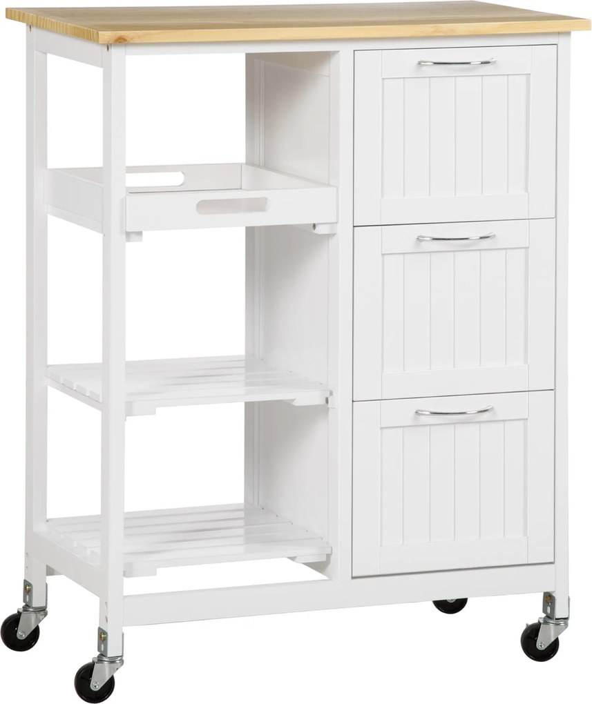 HOMCOM Konyhai Kocsi 3 Fiókkal, Konyhai Kocsi 3 Szinttel, Tároló Kocsi Munkafelülettel, Fehér, 67 x 37 x 85 cm | Aosom