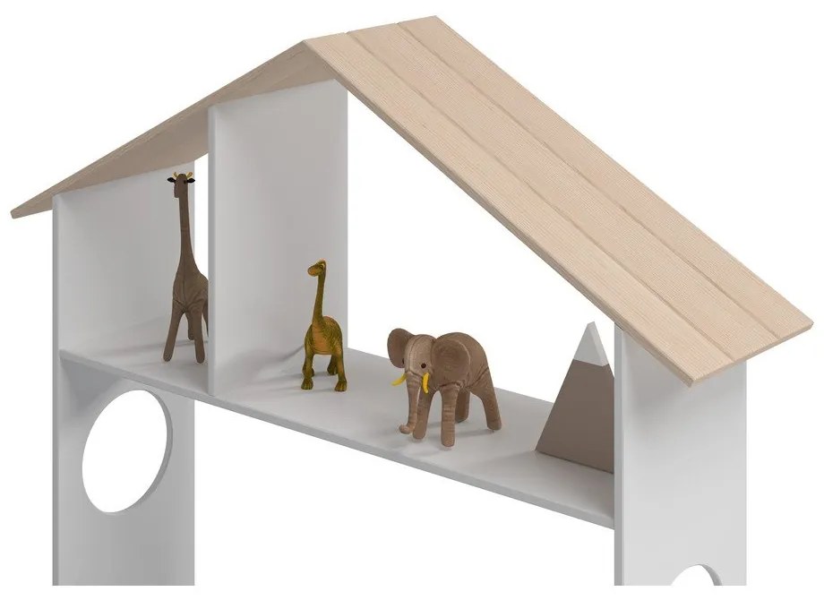 Fehér-natúr színű házikó alakú gyerekágy borovi fenyő dekorral, tárolóhellyel 90x190 cm Odessa – Marckeric