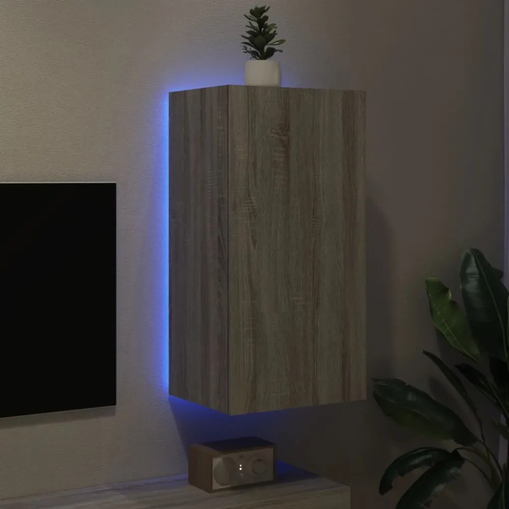 szürke sonoma színű fali TV-szekrény LED-ekkel 40,5x35x80 cm