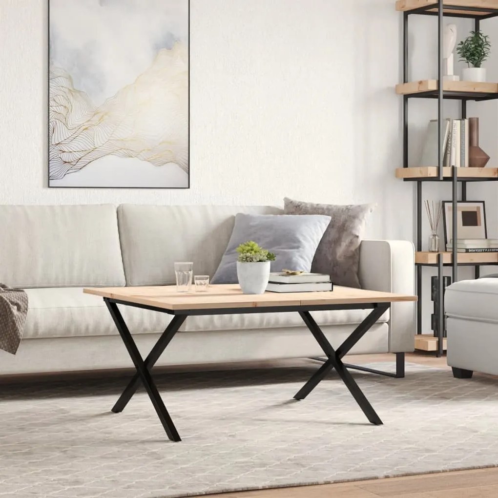 Tömör fenyőfa és acél dohányzóasztal X-vázzal 90x40x45 cm