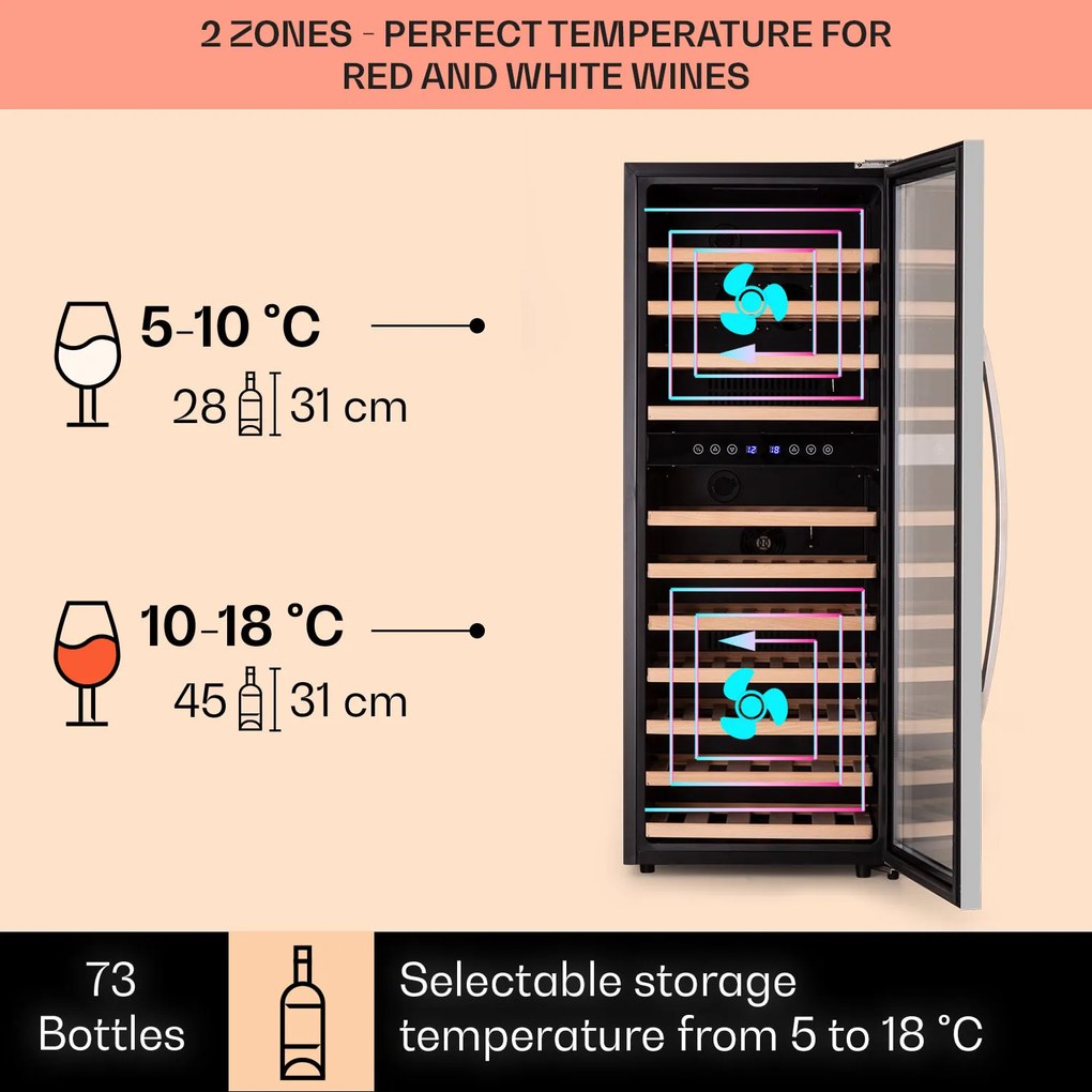 Klarstein Vinamour 73 Duo, borhűtő, 192 liter, 73 palack, 5 -18 °C, 2 zóna, érintésvezérlés