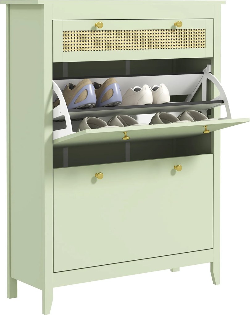 HOMCOM Zokniszekrény 2 Felhajtható Ajtóval, Fiókos Zokni Fiók, Állítható Polccal, Zokniszekrény 12 Pár Cipőnek, 88 x 30 x 120 cm, Zöld | Aosom