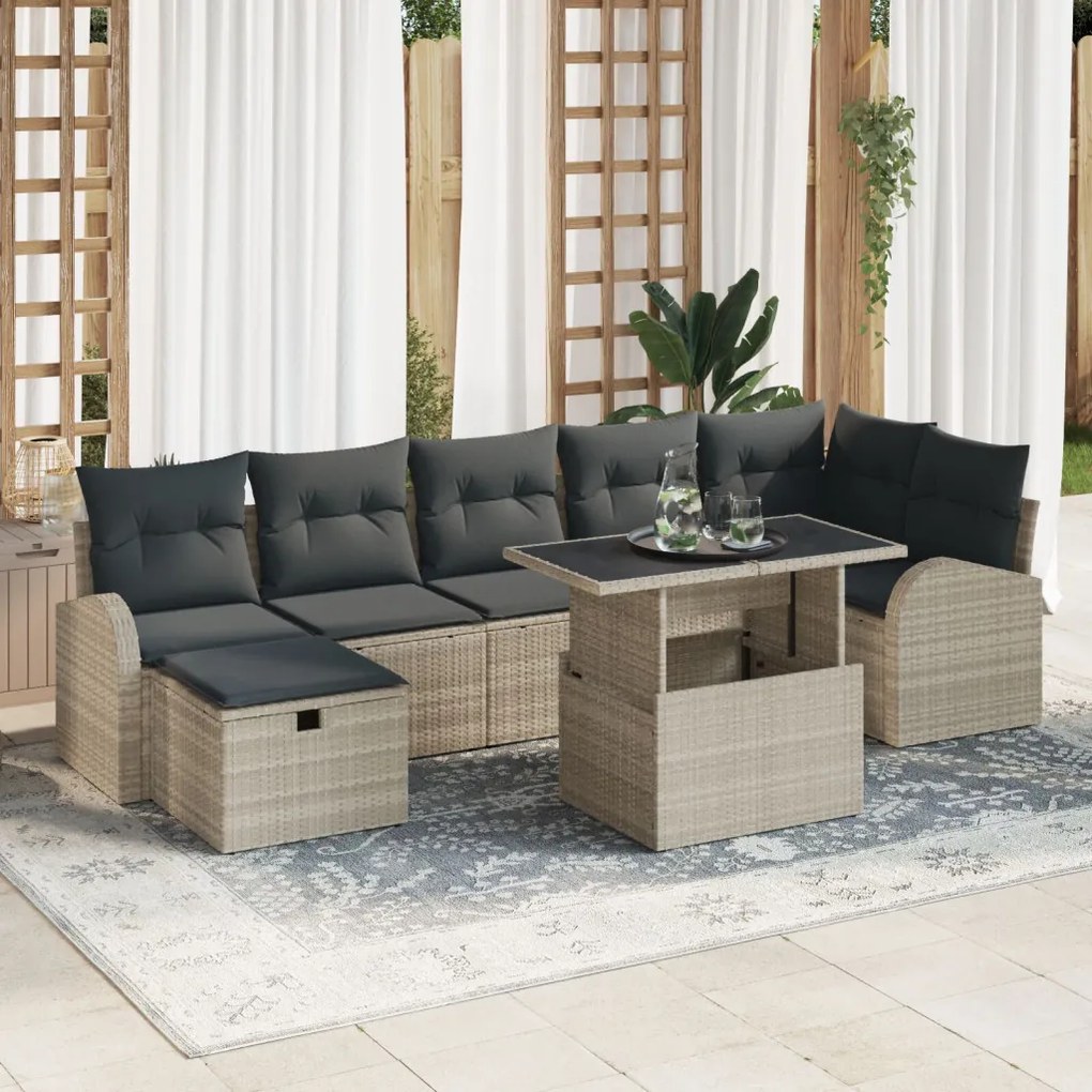 8 Darabos Kerti Kanapé Szett Párnákkal Világosszürke Műanyag Rattan