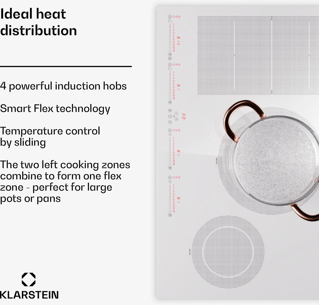 Klarstein Masterzone 77 Hibrid, indukciós főzőlap, max. 7200 W, beépített, 4 Flex zóna, ThermoBoost technológia, Smart Flex
