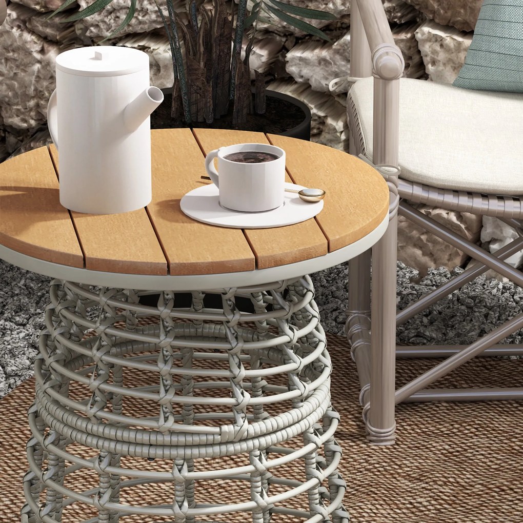 Outsunny Kerti Kávézó Asztal, Kerek Kültéri Melléktáblázat Műgyanta Rattan Hatású Fém és Kompozit Lappal, Ø 45 x 50 cm Szürke | Aosom