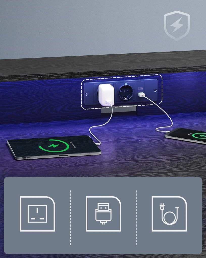 Íróasztal led világítással,számítógép asztal beépített elosztóval, fekete