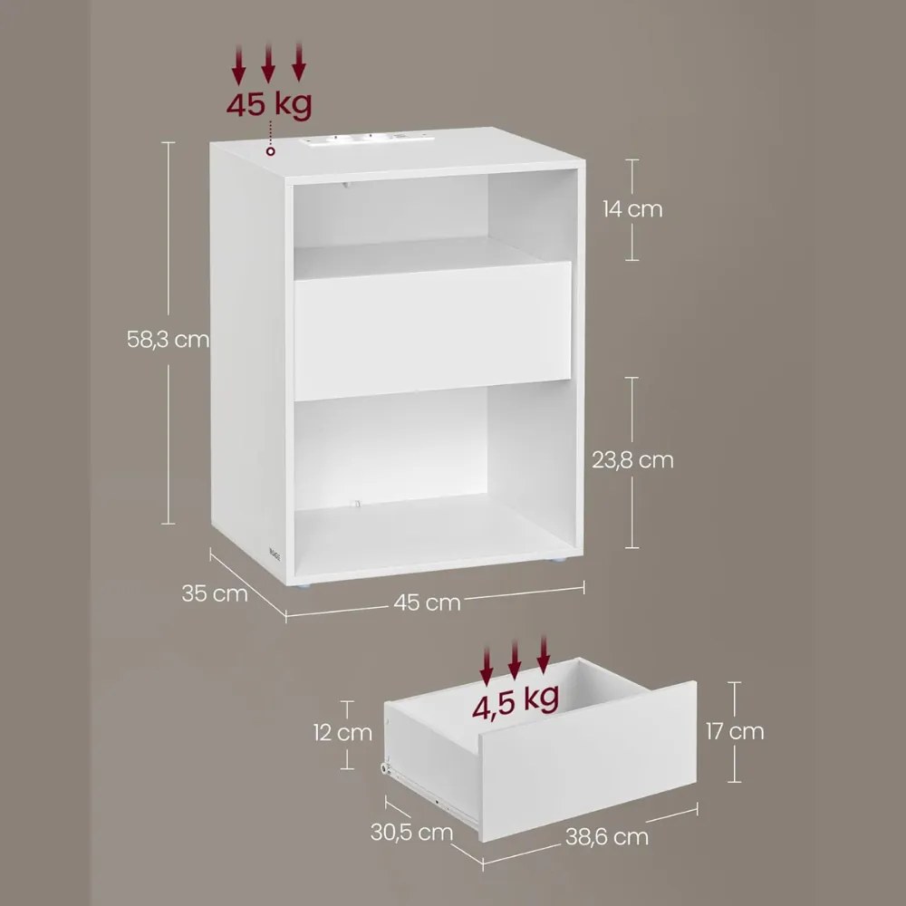 LUCIANO éjjeli szekrény töltési funkcióval, 35x45x58,3 cm, fehér Vasagle