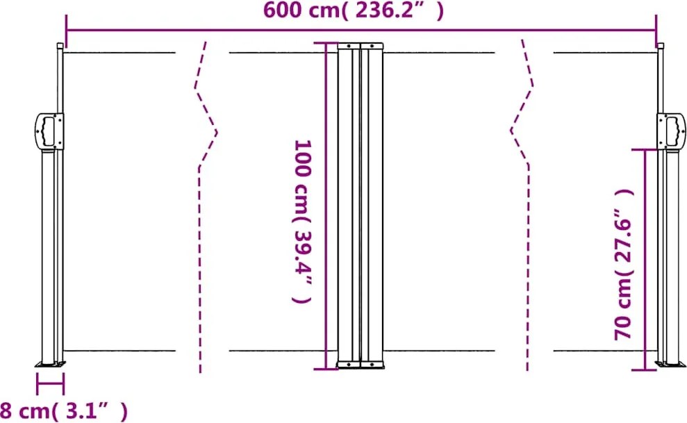 Terrakotta behúzható oldalsó napellenző 100 x 600 cm