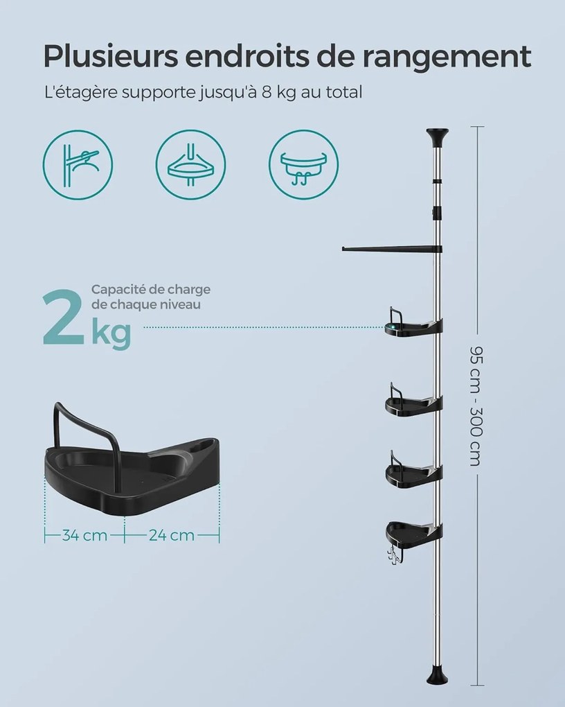 Állítható magasságú zuhanypolc 95-300 cm, teleszkópos fürdőszobai tároló, ezüst és fekete