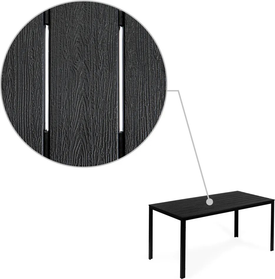 Kerti asztal, MultiGarden SAK-156, fekete, 156 x 78 cm, 6 személyes, magasság: 74 cm, fahatású műanyag asztallap, porszórt acél váz, teherbírás: 150 kg