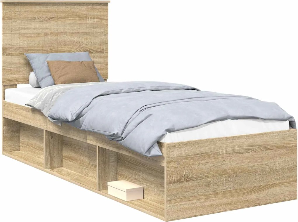 vidaXL Ágykeret fejtámlával Sonoma tölgy 75 x 190 cm Tömör fenyőfa