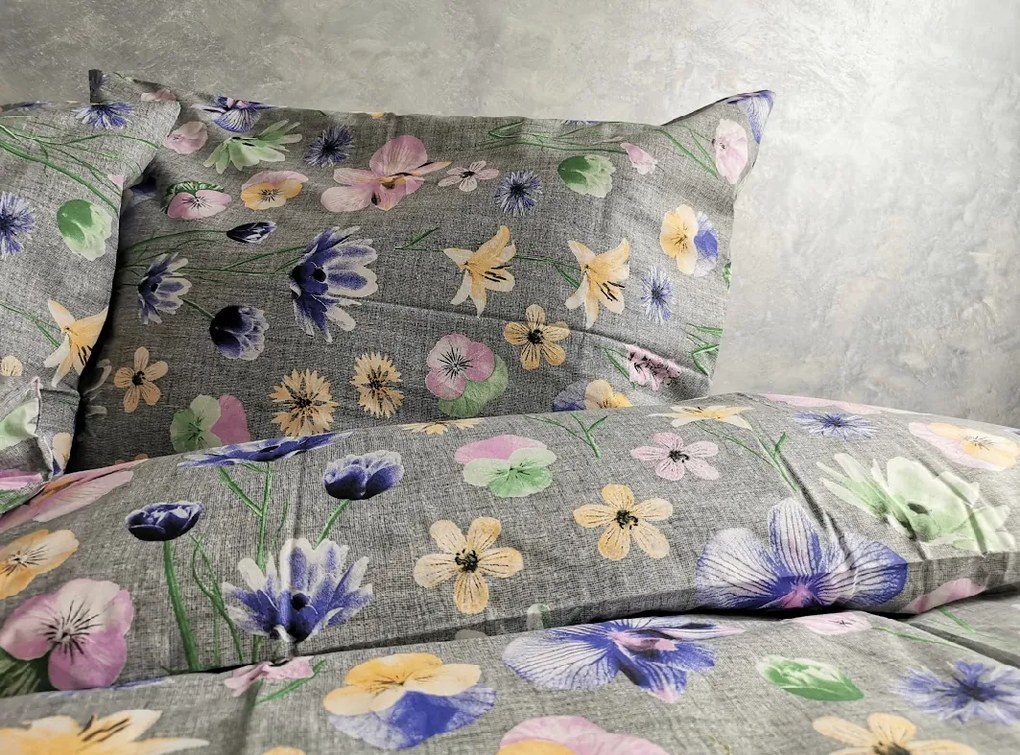 Ágynemű pamut Mezei Virágok szürke TiaHome - 1x Párna 90x70cm, 1x Paplan 140x200cm